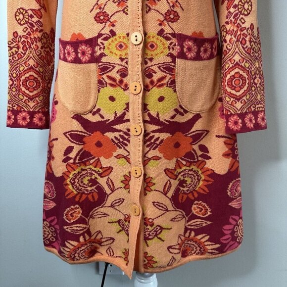 KOOI Knitwear Sz M Orange Red Floral Long Cardigan Artsy Boho Retro Festival Hip - Picture 5 of 13